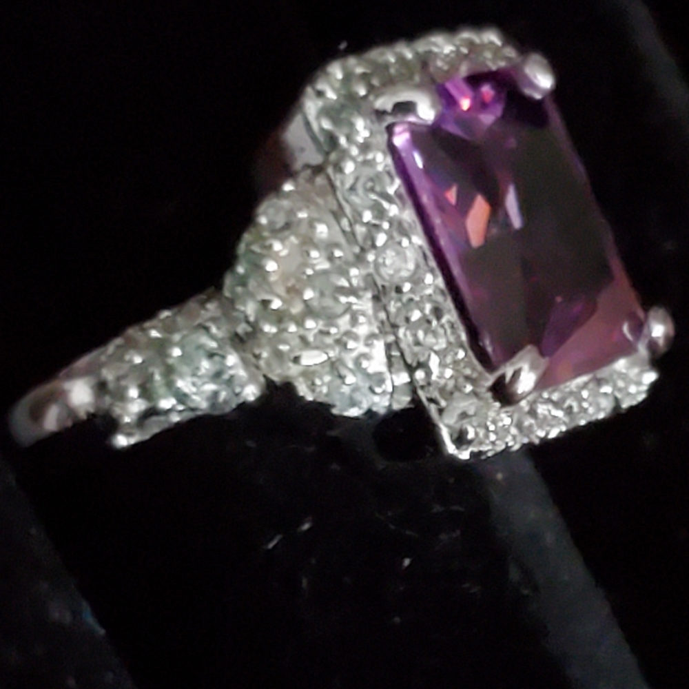 Silvertone Ring With Large Rectangular Purple Sto… - image 5